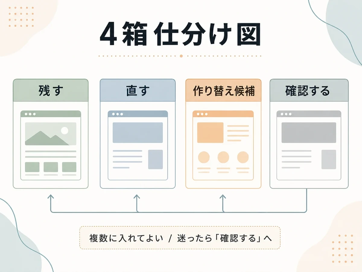 古いホームページのページや素材を残す、直す、作り替え候補、確認するの四箱へ仮置きする図