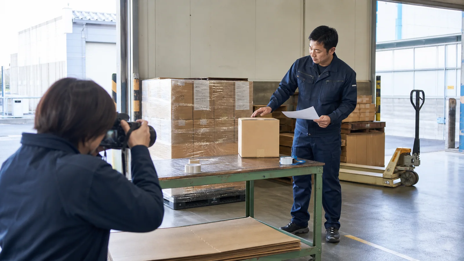製造物流現場で梱包と出荷の状態を確認する様子