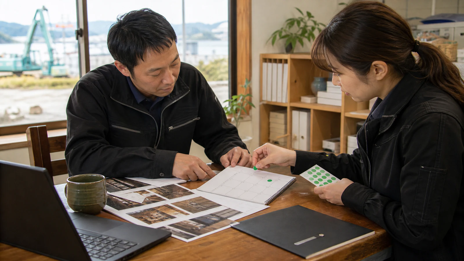 担当者が更新内容と承認状況を机上で確認する様子
