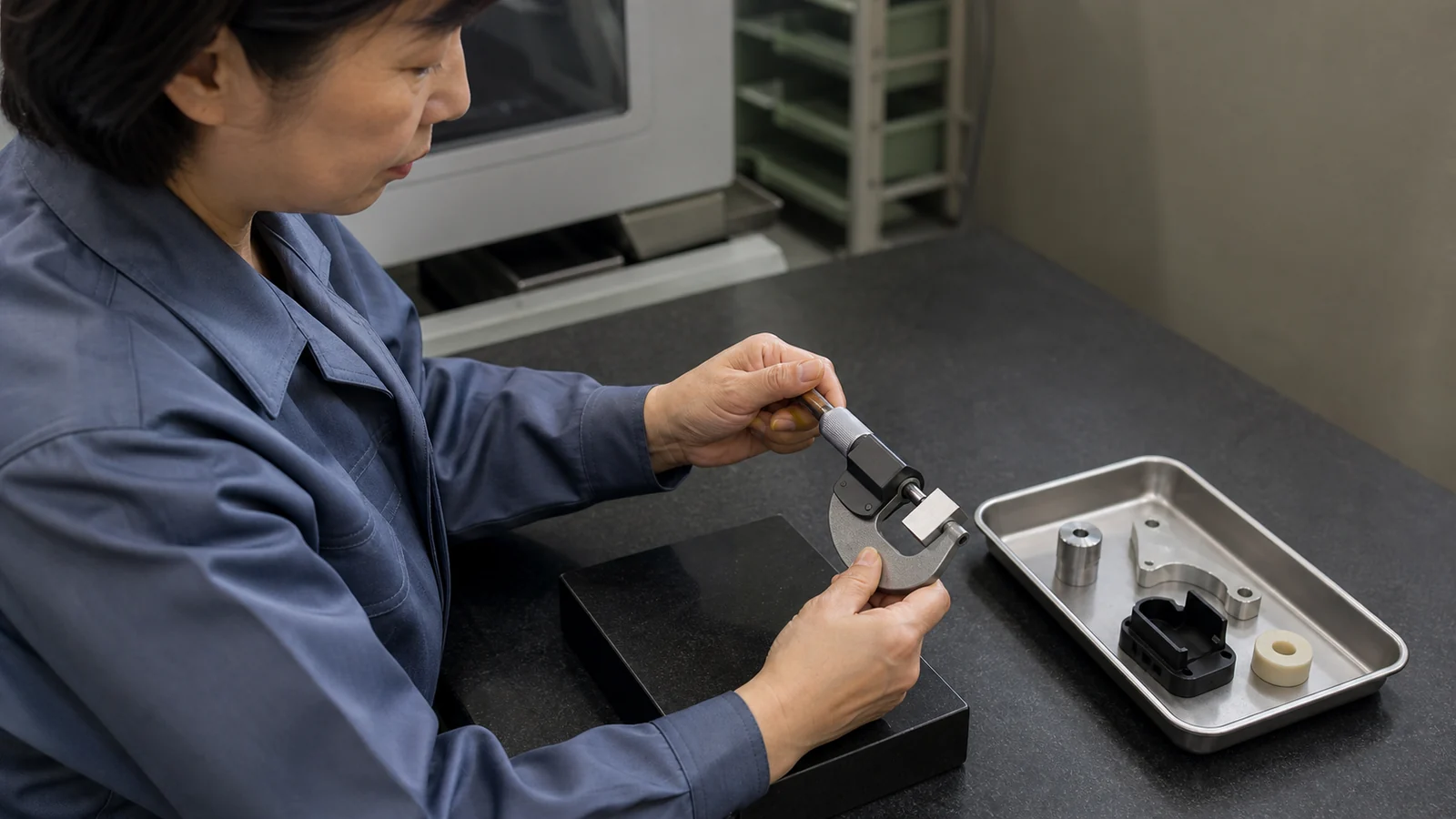 製造現場で測定器を使って品質を確認する様子