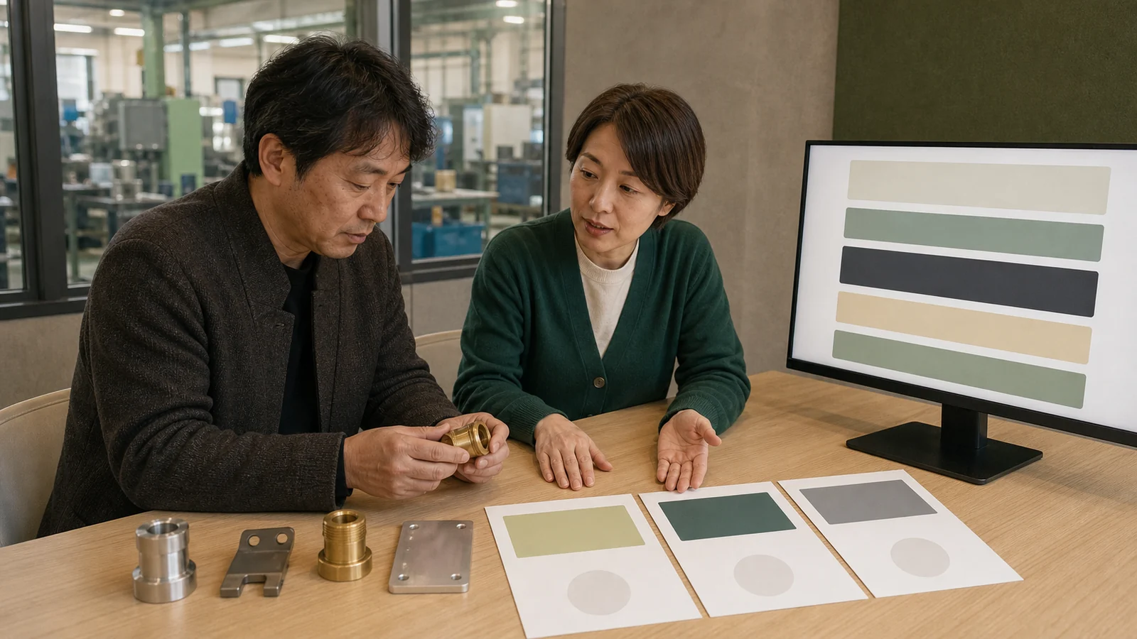 製品サンプルを前に制作体制を確認する打ち合わせ