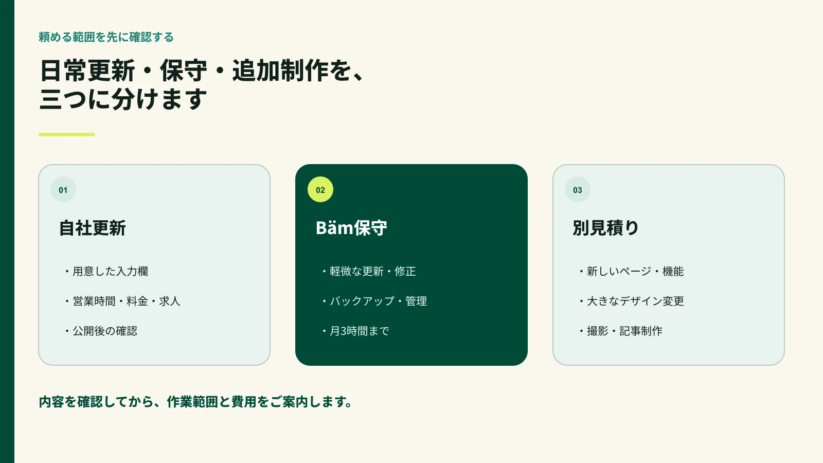 自社更新とBäm保守と別見積りの作業範囲を分ける図