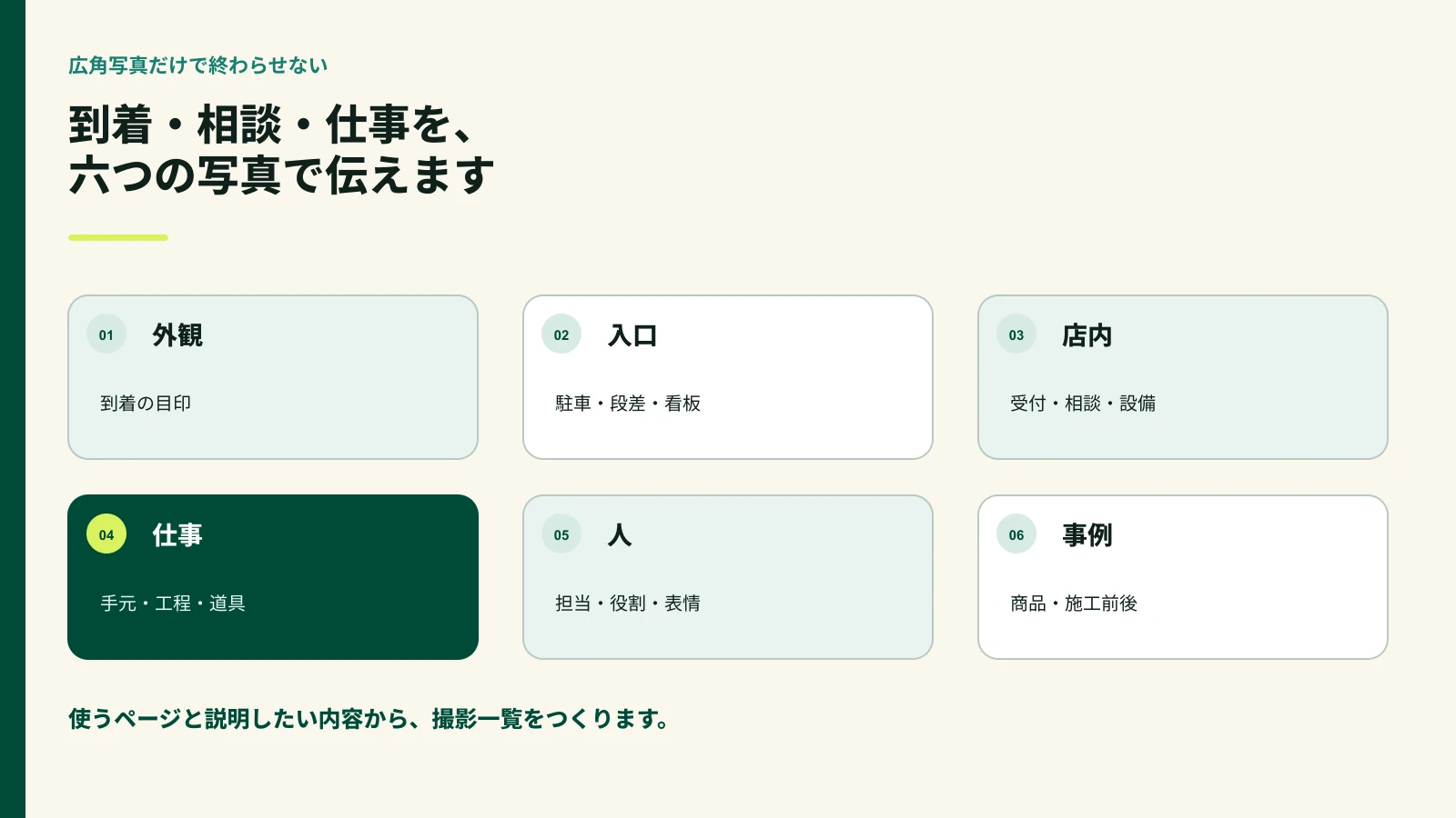店舗ホームページ用に撮影する外観入口店内仕事スタッフ商品施工事例の一覧