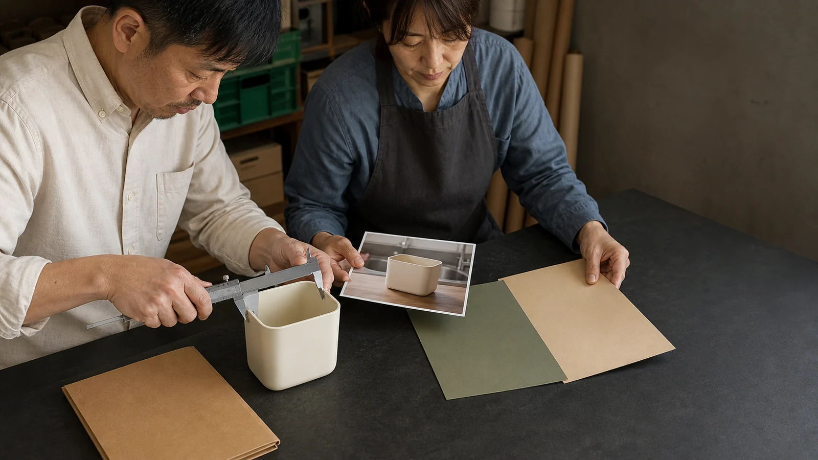 商品資料と写真を机に広げてホームページの内容を確認する様子