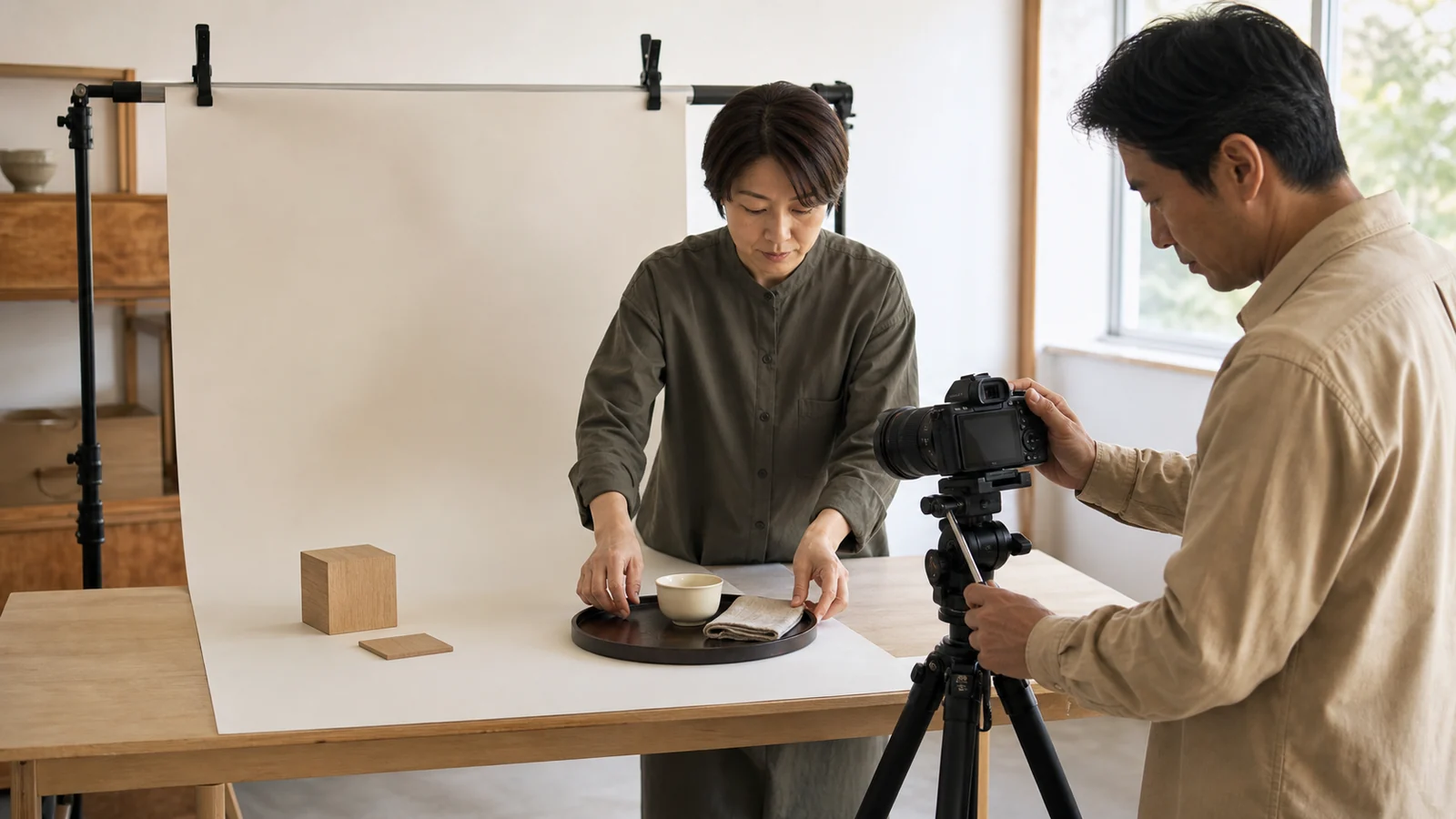 商品の寸法と細部を確認しながら撮影する様子