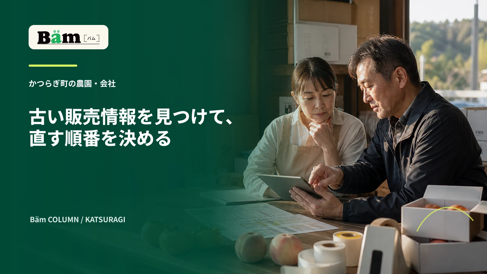 かつらぎ町の農園で古い販売情報と今年の予定を確認する場面