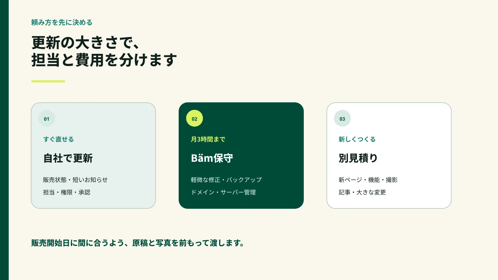 自社更新・Bäm保守・別見積りの担当範囲を比較した図