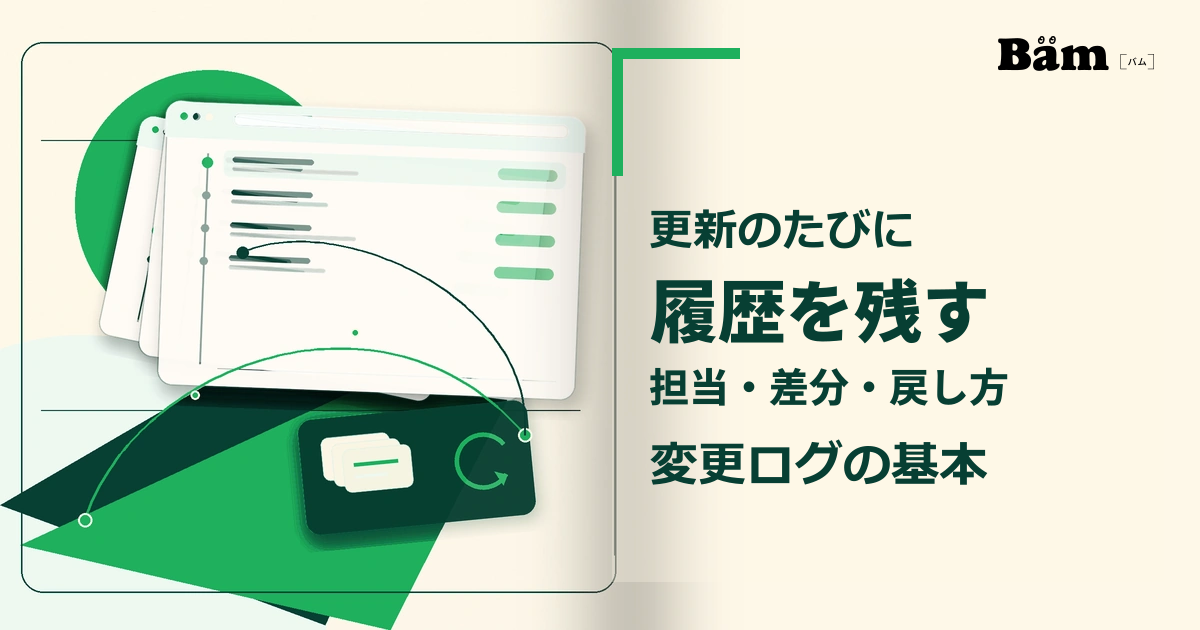変更履歴の台帳と複数のサイト画面・バックアップを編集的に整理したイメージ