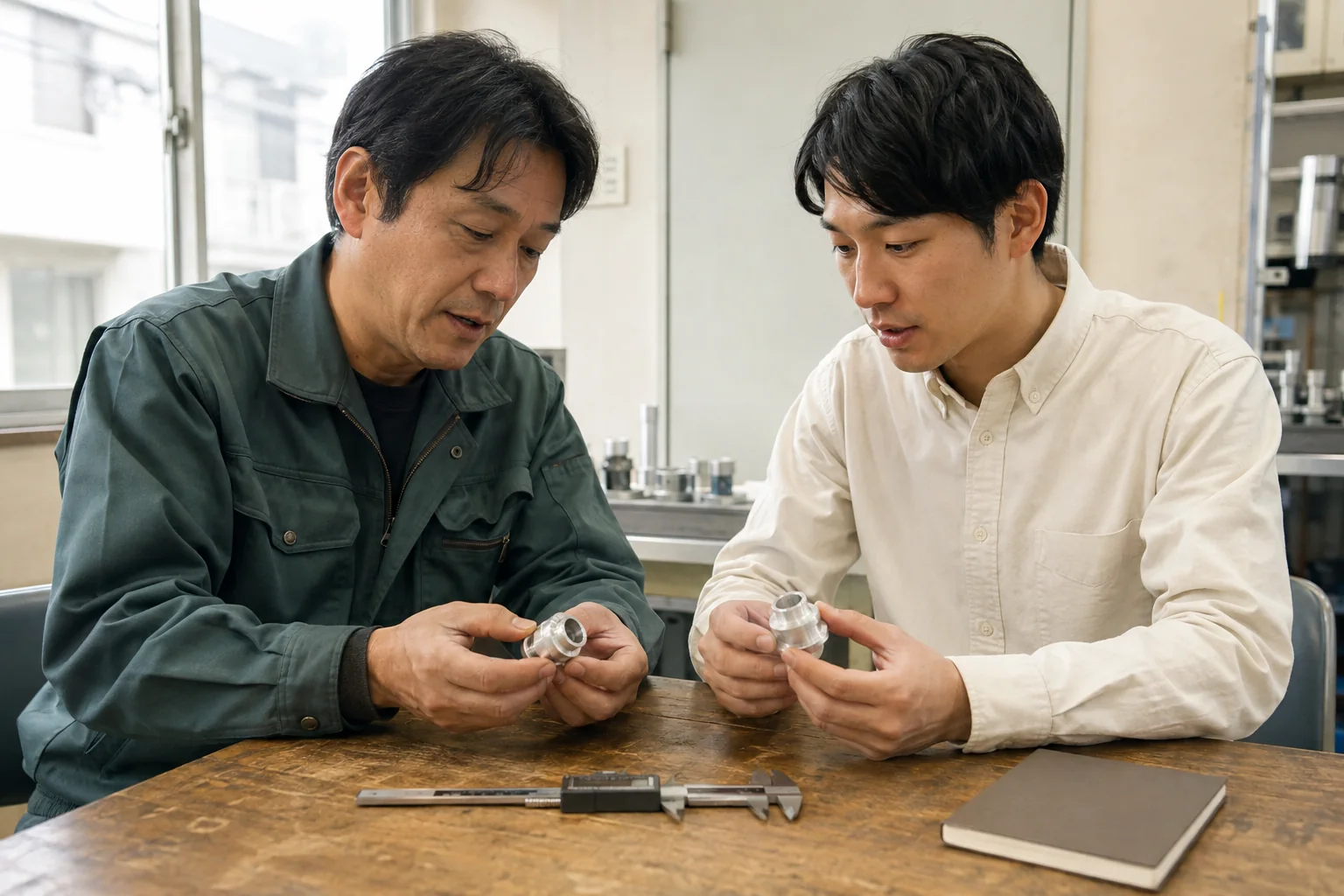 加工見本を手に取り、技術担当者と営業担当者が机を囲んで確認する場面