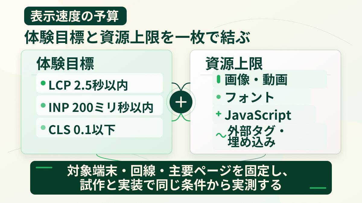 表示速度の体験目標であるLCP・INP・CLSと、画像・動画・フォント・JavaScript・外部タグの資源上限を、対象端末・回線・主要ページと実測で結び付ける図