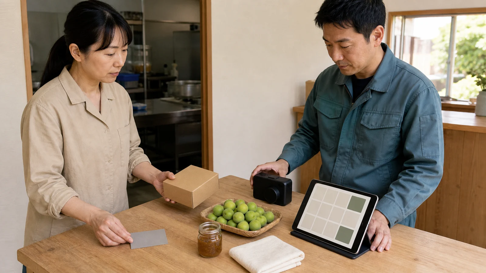 商品資料と予約方法を見積書に照らして確認する様子