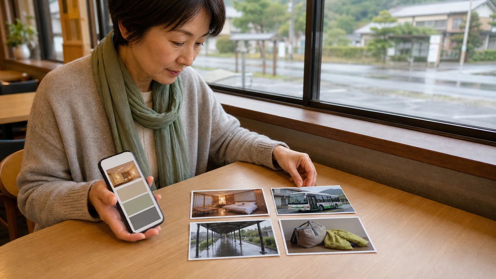 宿泊施設の資料と予約画面とアクセス情報を照合する様子