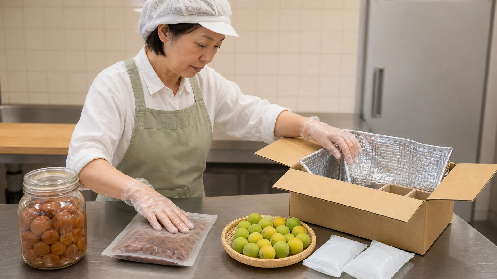 梅加工品の梱包とラベルと保存方法を確認する様子