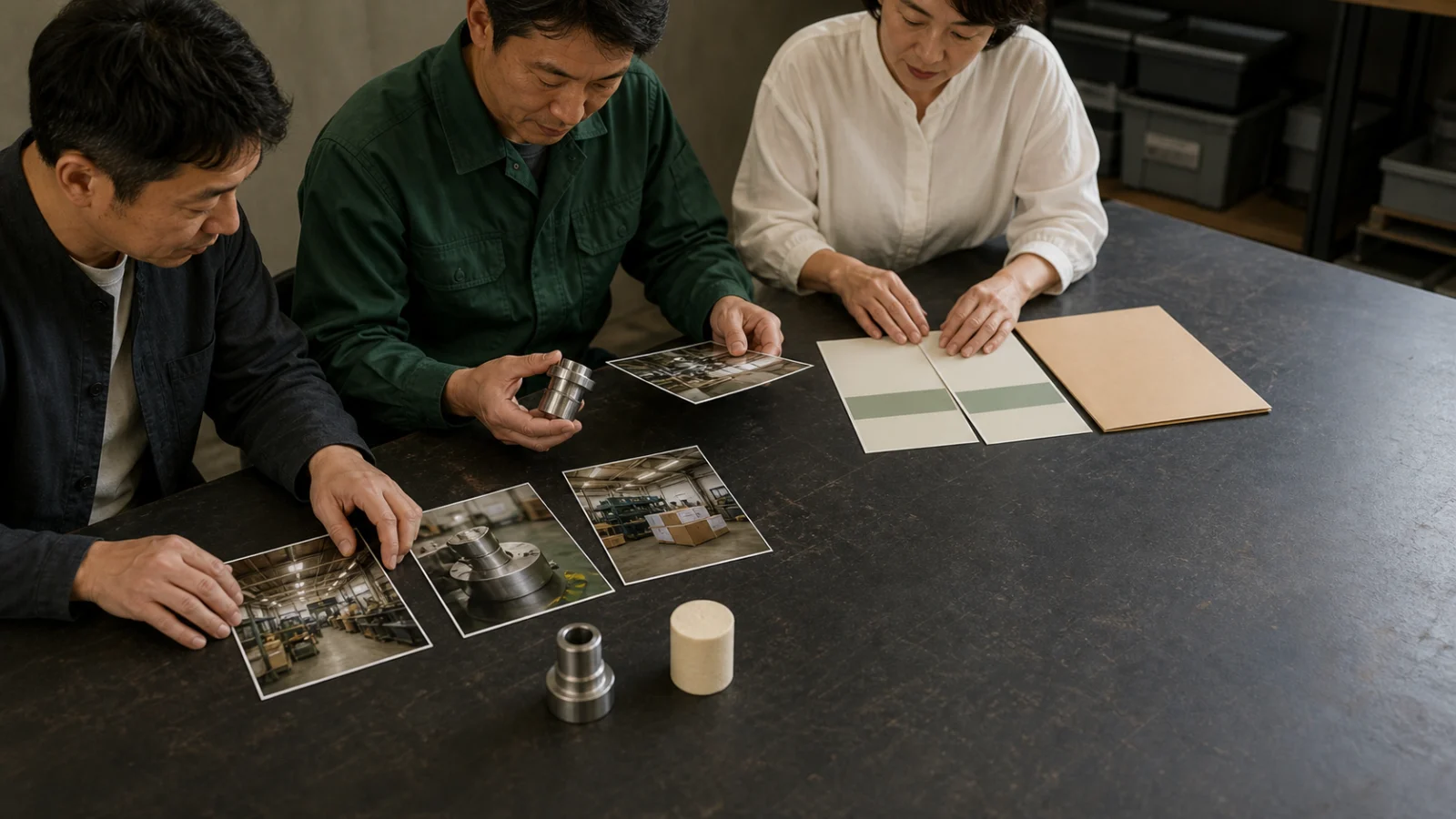 商品や写真、資料を持ち寄って会社の情報を整理する様子