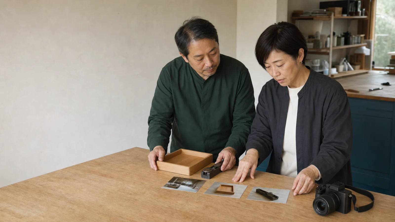 撮影する商品と写真の候補を作業台で確認する様子