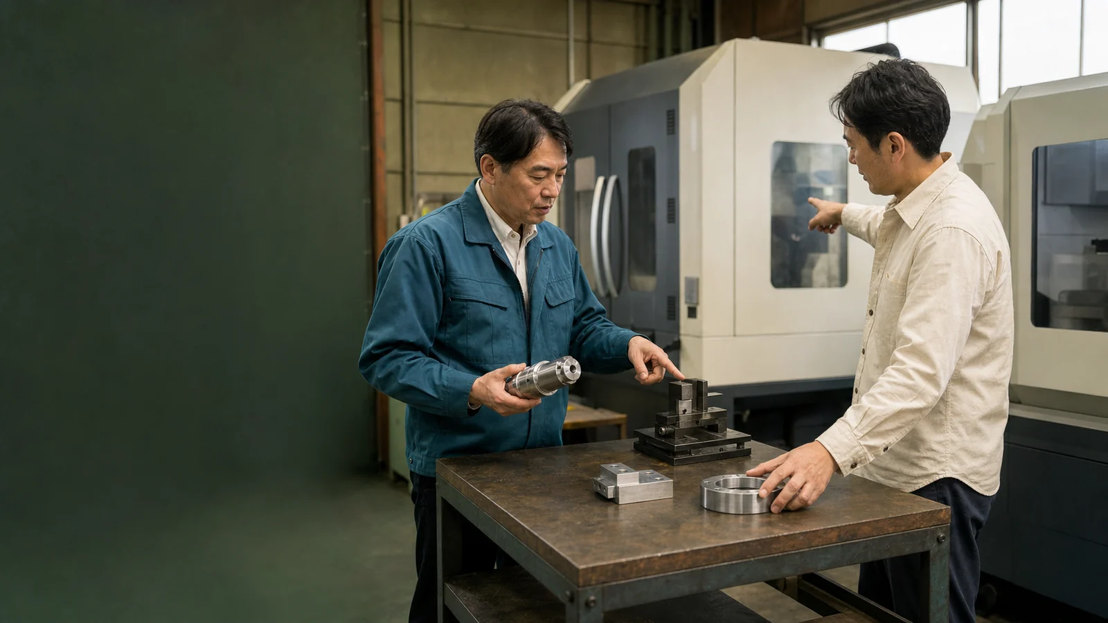 製造現場で加工品と設備を見ながら対応条件を確認する様子