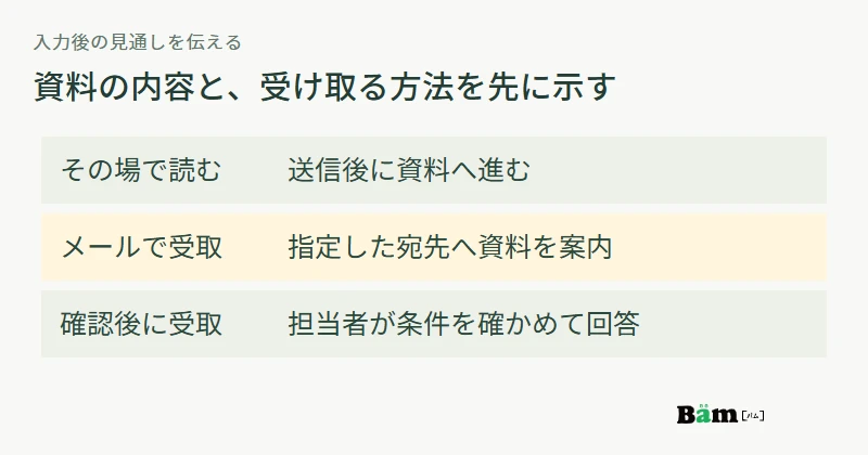 入力前に資料の内容と受取方法を示し、送信後に即時閲覧、メール送付、担当者確認のいずれかを案内する図