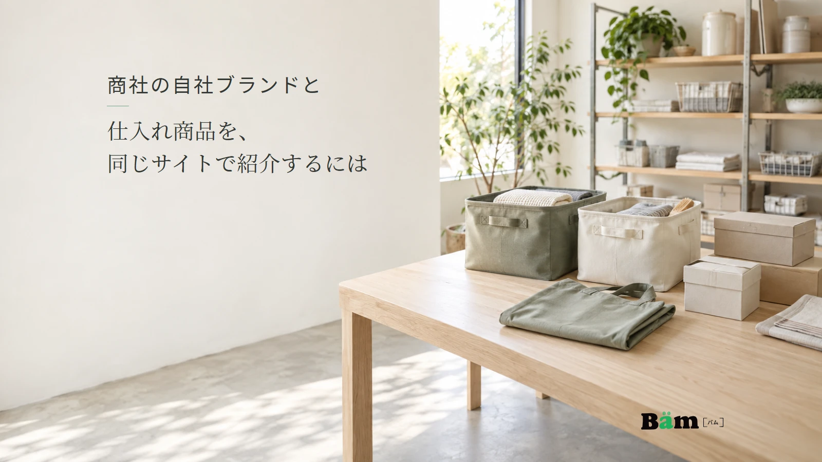 卸売会社の見本室に並ぶ収納用品と商品箱のイメージ。記事の全文タイトルと正式Bämロゴ。