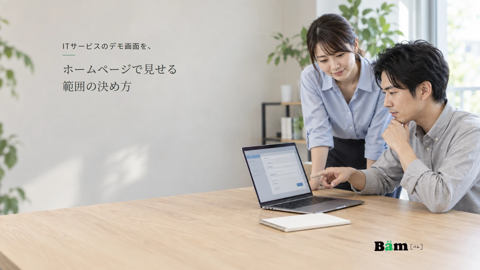 ITサービスの担当者が公開用の画面説明をパソコンで確認する説明用イメージ写真。実在の製品画面や導入事例ではない。全文タイトルと正式Bämロゴを配置。
