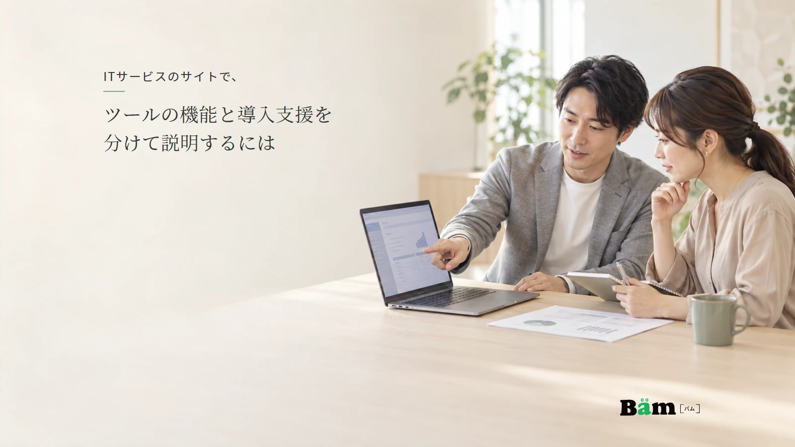 ITサービスの導入支援担当者と利用企業の担当者が設定内容を確認する説明用イメージ写真。実在の導入事例ではない。全文タイトルと正式Bämロゴを配置。