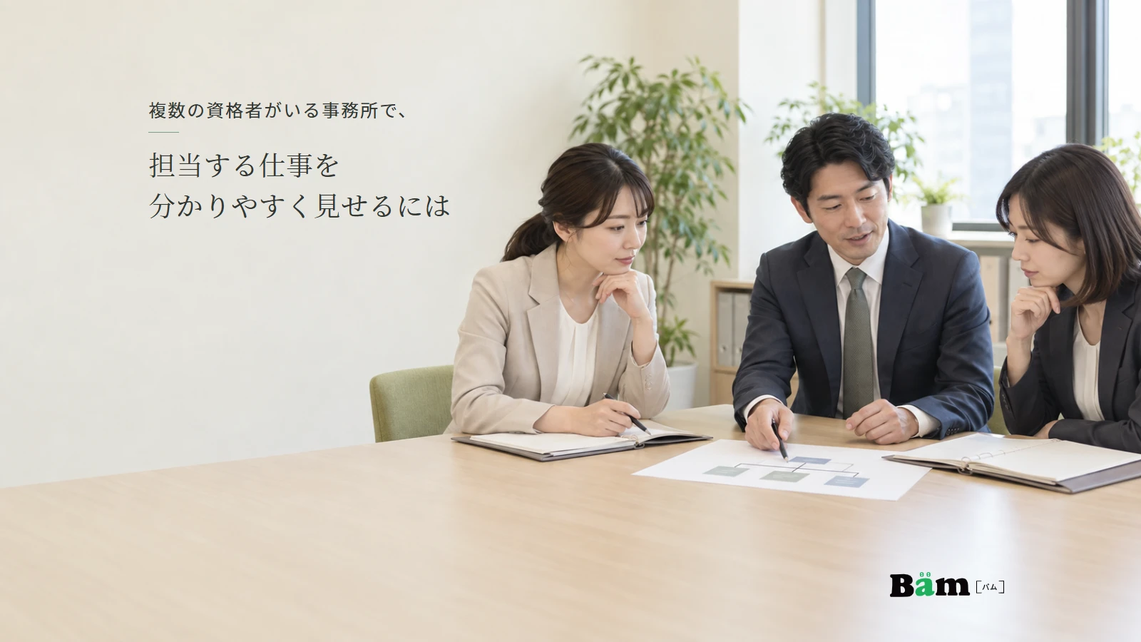 専門事務所の担当者たちが業務分担の資料を確認する場面。全文タイトルと正式Bämロゴを配置。