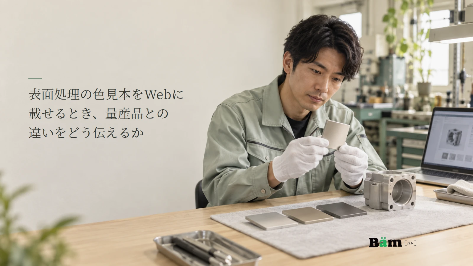 表面処理の金属見本と量産部品の仕上がりを比べる作業者の説明用写真。記事の全文タイトルと正式Bämロゴ。