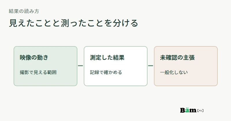 映像で見える動き、測定した結果、未確認の一般化を分けた図