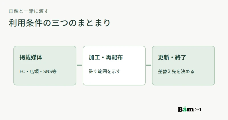販売店向け画像と一緒に渡す媒体、加工、再配布、終了時の条件を示す図