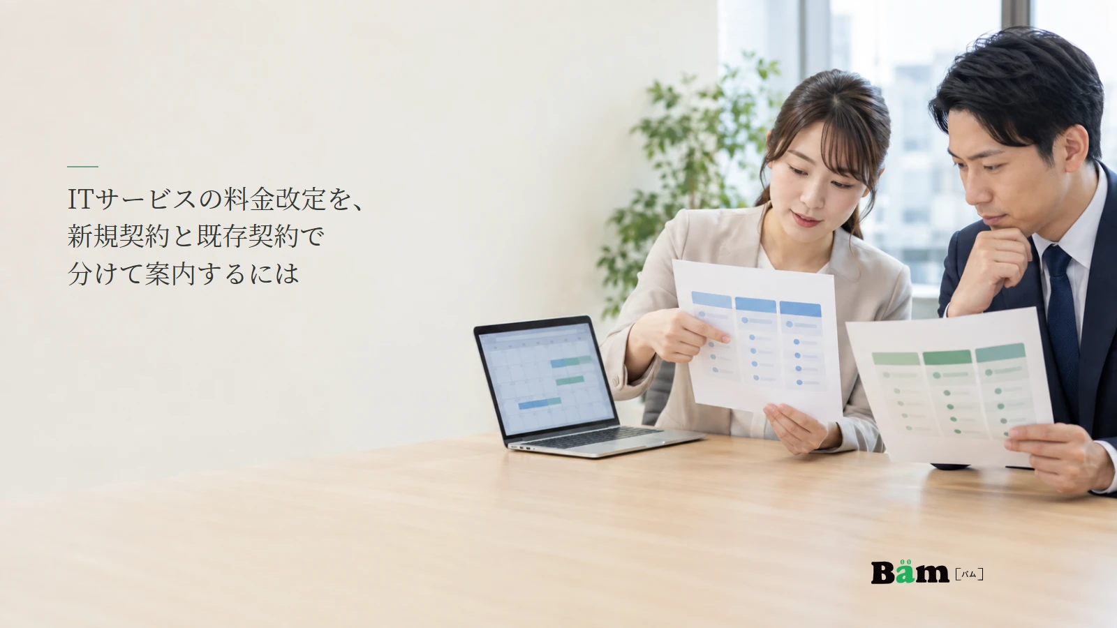 ITサービスの料金表を担当者が確認するイメージ写真。記事の全文タイトルと正式Bämロゴ。