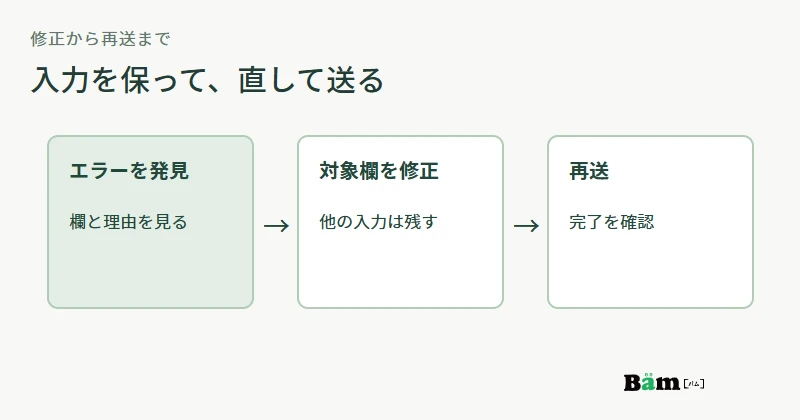 入力エラーを発見し、対象欄を修正し、ほかの入力を保ったまま再送する流れの図