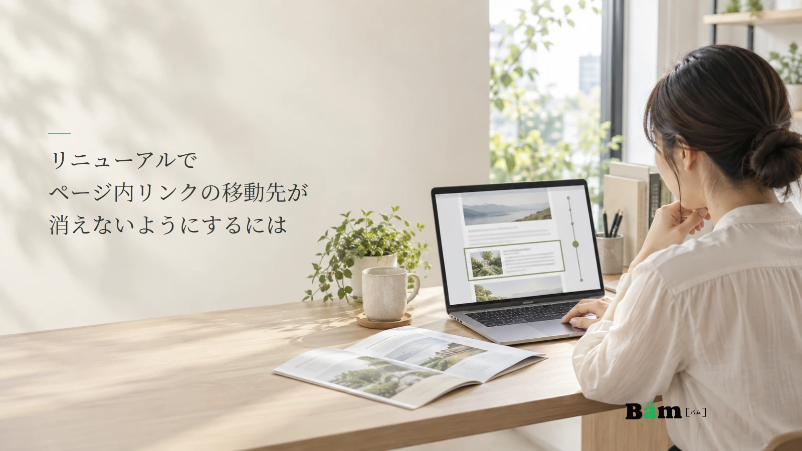 資料からページ内の特定の節へ進めるか確認する担当者の説明用写真。記事の全文タイトルと正式Bämロゴ。