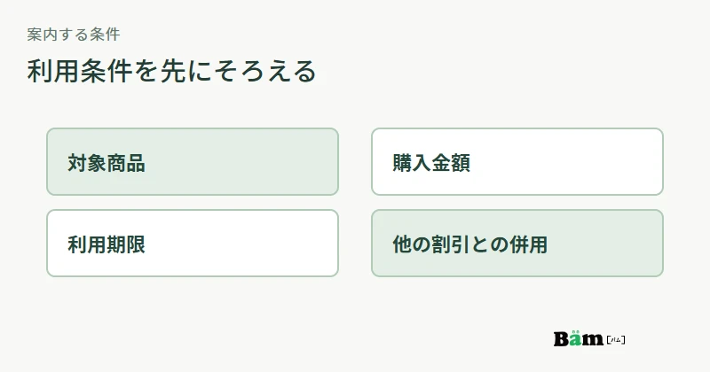 クーポンの対象商品、購入金額、期限、併用条件を配布案内とカートで揃える図