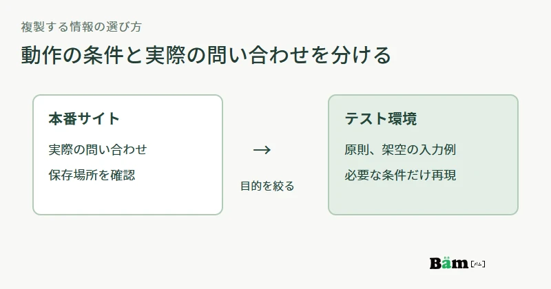 本番環境の問い合わせ情報を確認し、テスト環境には原則として架空の入力例を用いる図