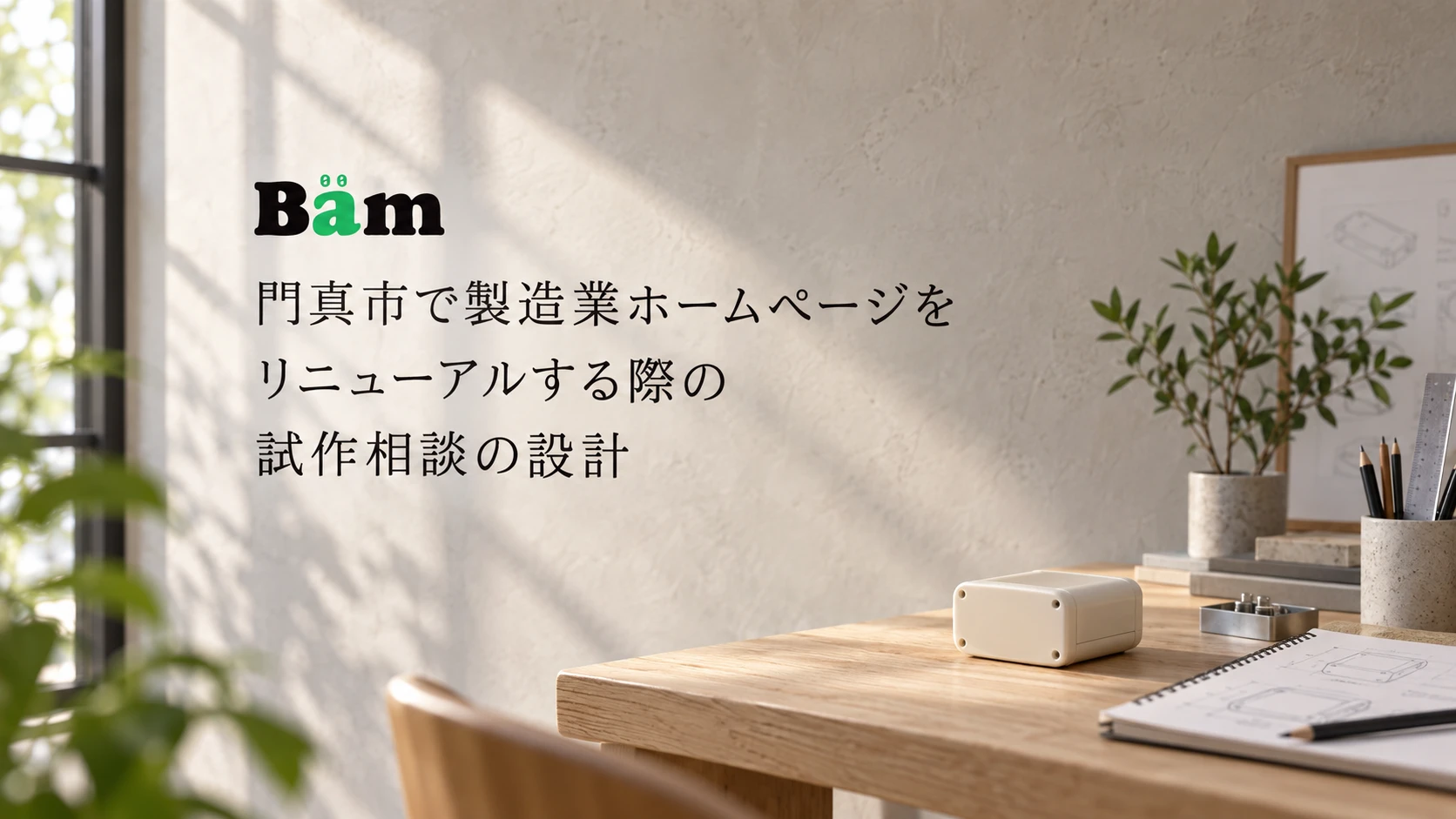 門真市で製造業ホームページをリニューアルする際の試作相談の設計という控えめな三行のタイトルとBämロゴを、外装の見本とノートがある明るい作業机に配したメインビジュアル