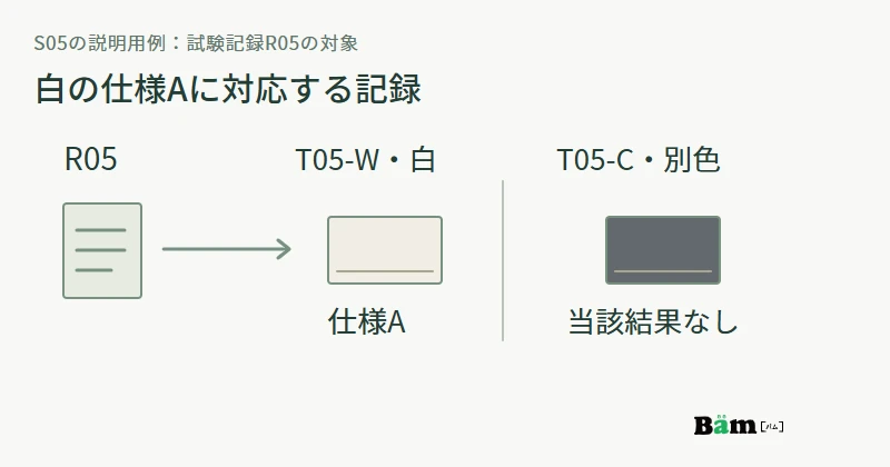記録R05の対象が白T05-Wの仕様Aであり、チャコールT05-Cの結果ではないことを示す図