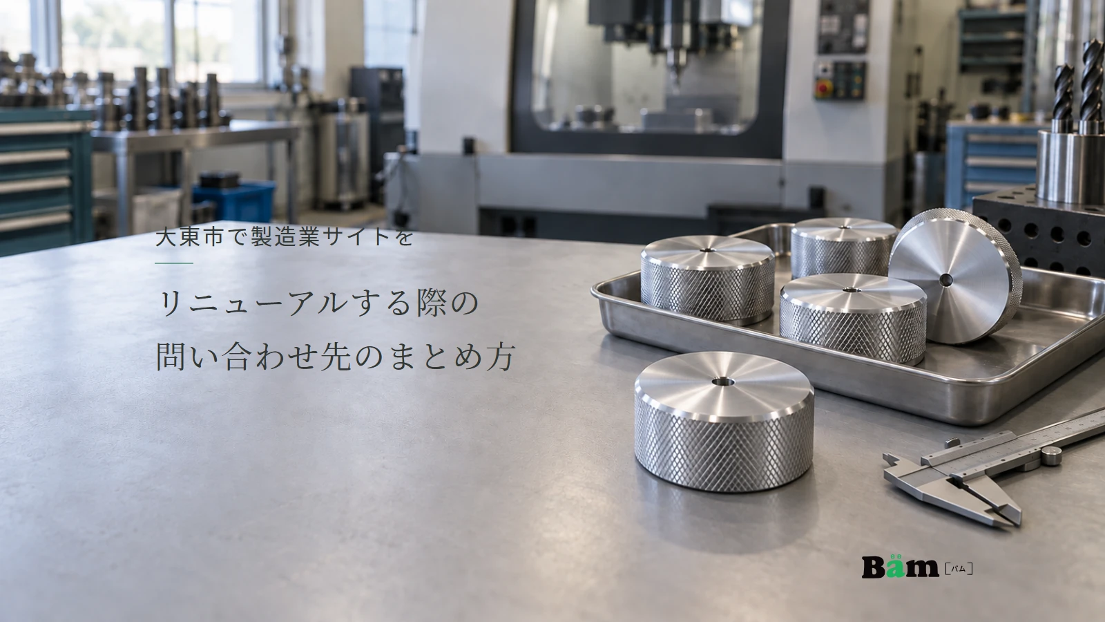 大東市で製造業サイトをリニューアルする際の問い合わせ先のまとめ方というタイトル、作業台にアルミつまみの加工見本とノギス、背景に加工設備、右下にBämロゴ