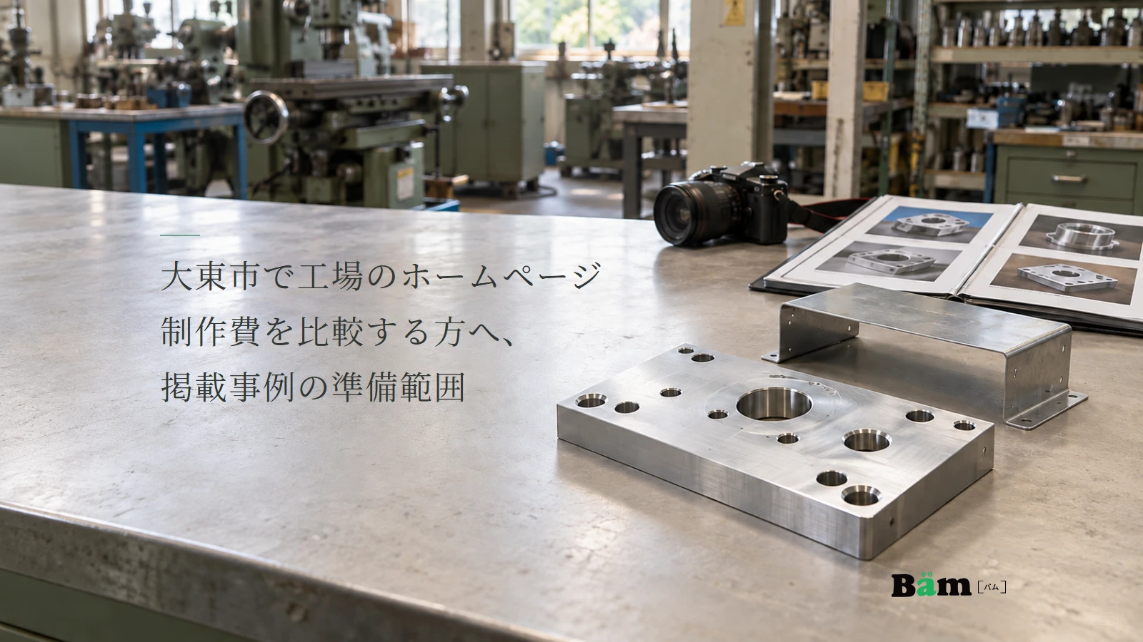 大東市で工場のホームページ制作費を比較する方へ、掲載事例の準備範囲というタイトル、工場の作業台に穴加工したプレートと板金のカバー、写真候補のファイル、右下にBämロゴ