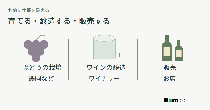 ぶどうと栽培、醸造タンクと醸造、瓶と販売を並べて三つの仕事を示す図
