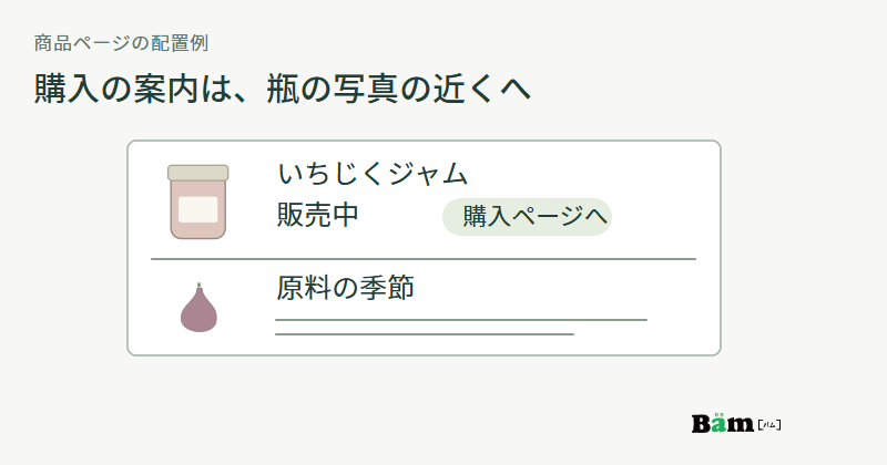 商品ページ上部で瓶の写真の隣に販売中と購入先を置き、その下に原料の季節の紹介を分ける配置例