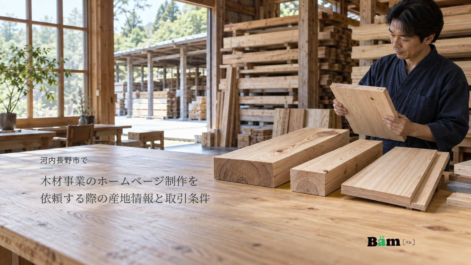 河内長野市で木材事業のホームページ制作を依頼する際の産地情報と取引条件というタイトル、材木店の作業台に並ぶ板材と木口、板を手にする担当者、右下にBämロゴ