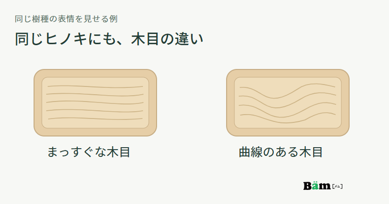 同じヒノキのトレーを二つ並べ、まっすぐな木目と曲線のある木目を見比べる図