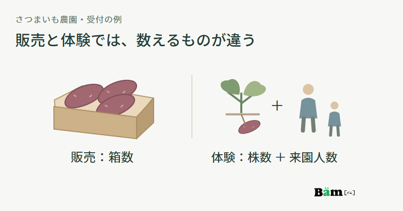 さつまいもの箱販売は箱数、いも掘り体験は株数と一緒に来園する人数で整理する図