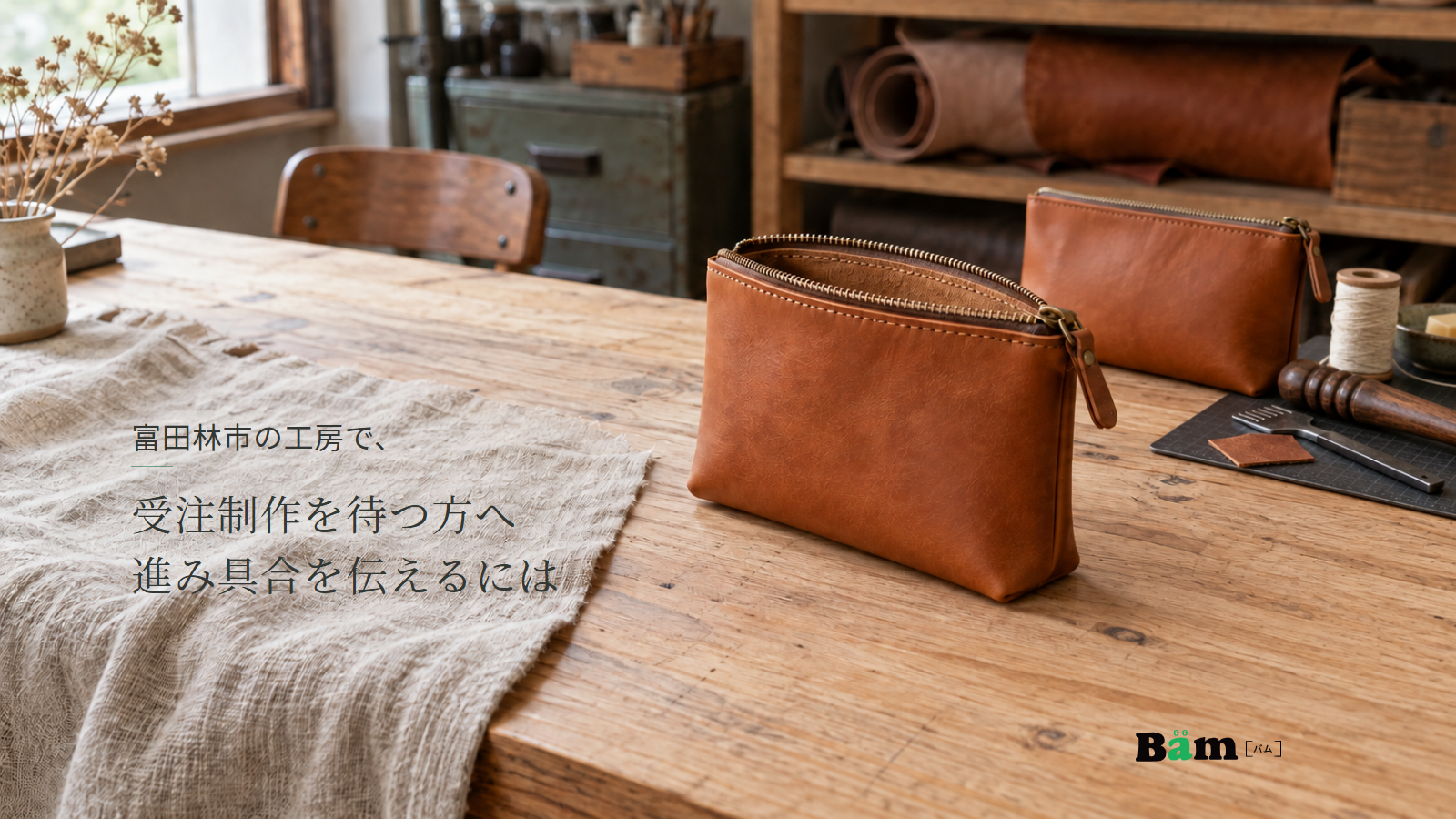 富田林市の工房で、受注制作を待つ方へ進み具合を伝えるにはというタイトル、革のポーチと糸・仕上げ道具が置かれた工房の作業台、右下にBämロゴ