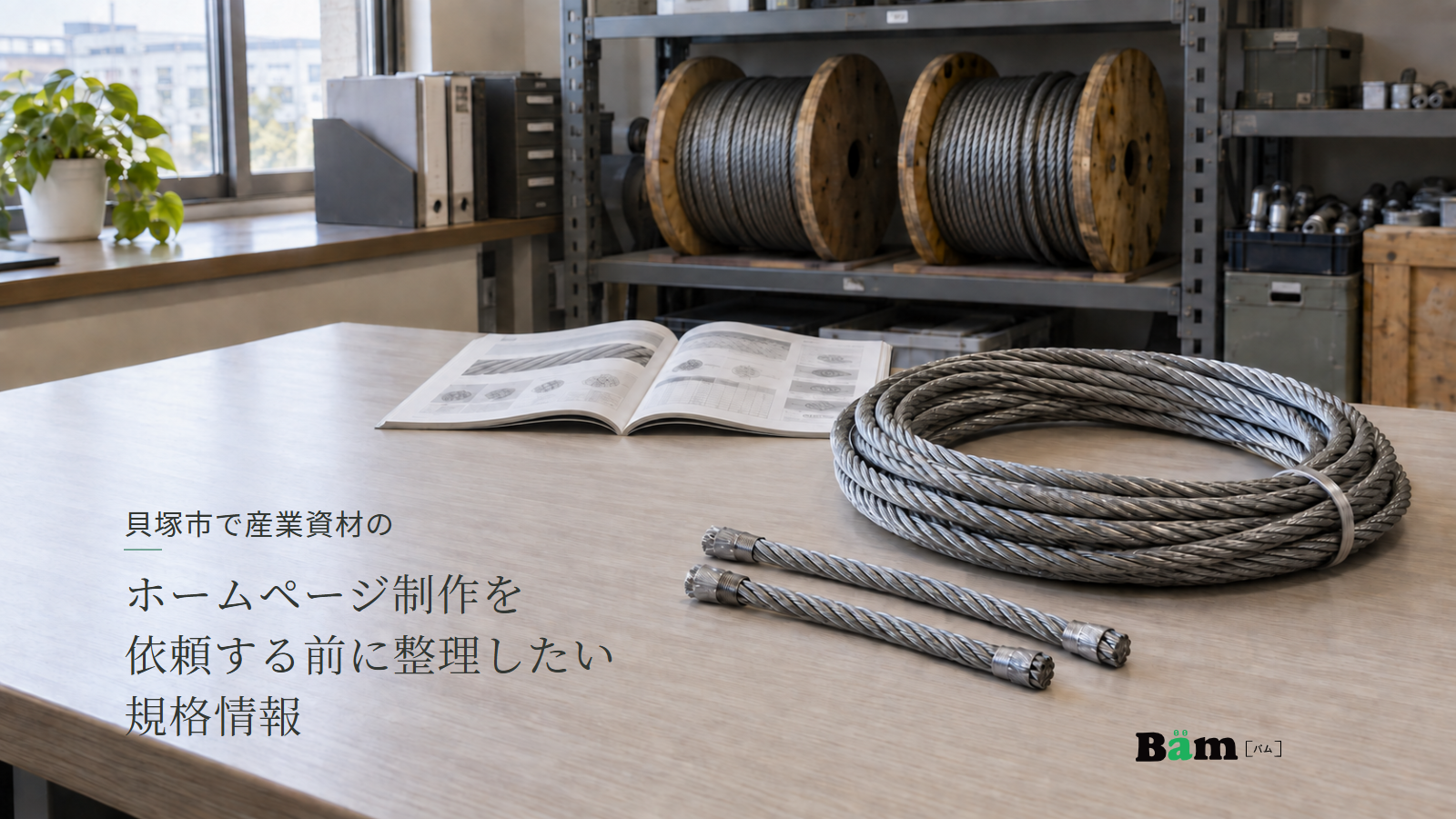 貝塚市で産業資材のホームページ制作を依頼する前に整理したい規格情報という全文タイトル、資料確認台のワイヤロープ見本とカタログ、右下のBämロゴ