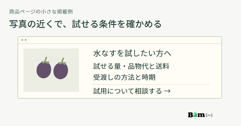 水なすの図を左に置き、右に試せる量、品物代と送料、受渡し方法と時期、試用の相談先を配置した商品ページの例