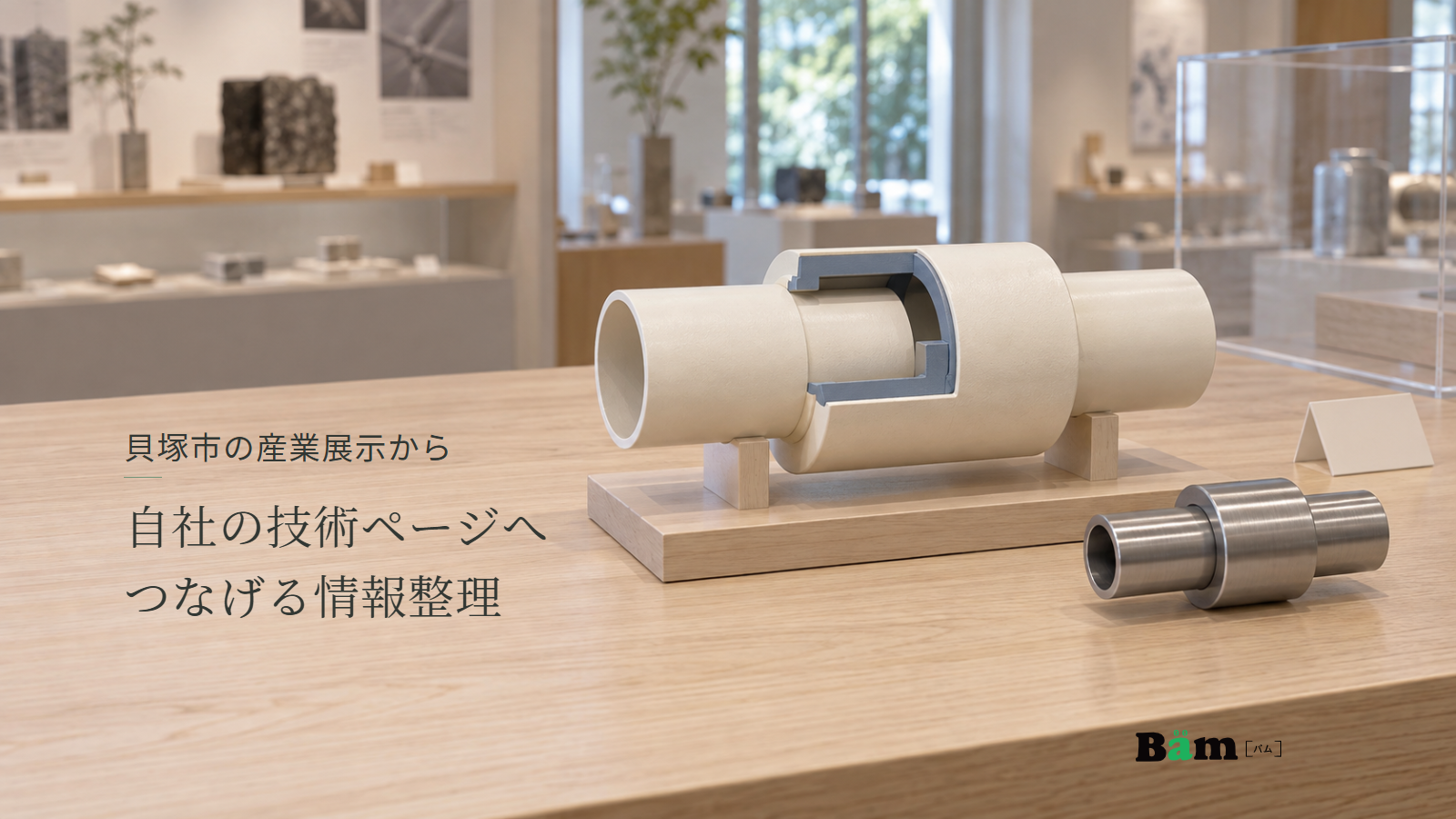 貝塚市の産業展示から自社の技術ページへつなげる情報整理という全文タイトル、配管接続部品の断面模型と小さな金属の完成品見本、右下のBämロゴ