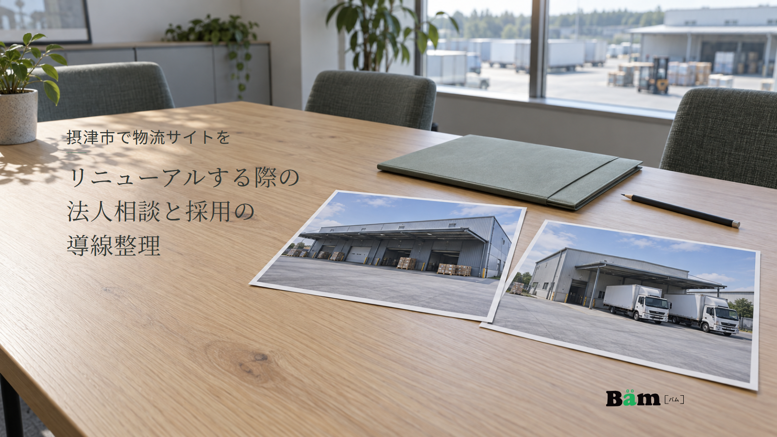 摂津市で物流サイトをリニューアルする際の法人相談と採用の導線整理という全文タイトル、机上に並べた倉庫と配送営業所の写真、資料フォルダーと鉛筆、右下のBämロゴ