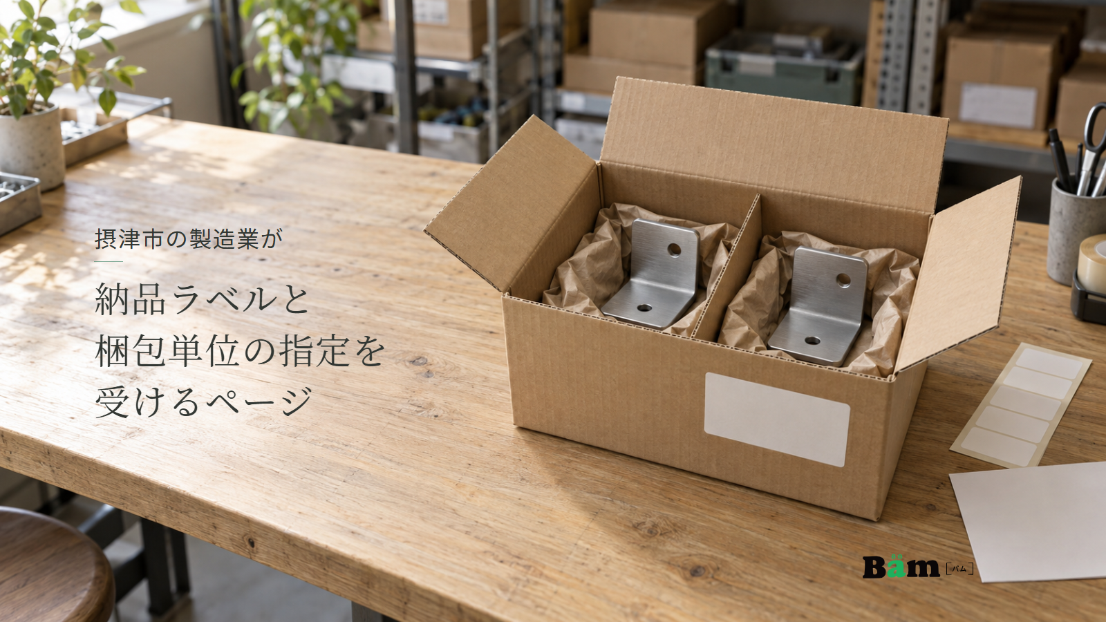 摂津市の製造業が納品ラベルと梱包単位の指定を受けるページという全文タイトル、二つの金具を仕切って収めた段ボール箱と外側のラベル、右下のBämロゴ