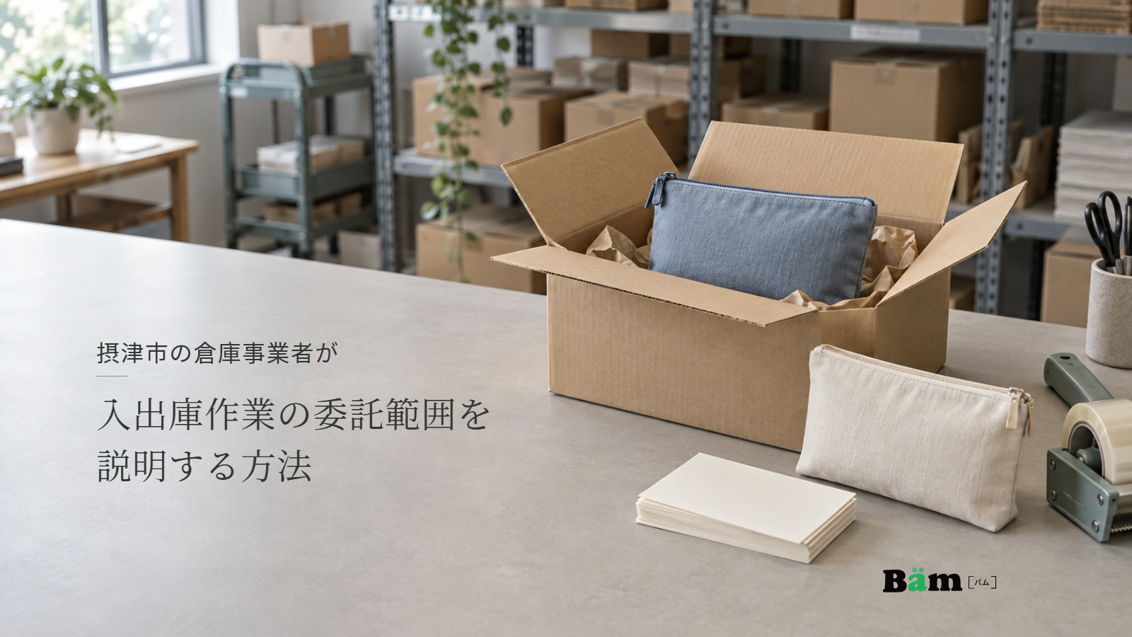 摂津市の倉庫事業者が入出庫作業の委託範囲を説明する方法という全文タイトル、倉庫の台に並んだ布製ポーチと発送箱と同封カード、右下のBämロゴ