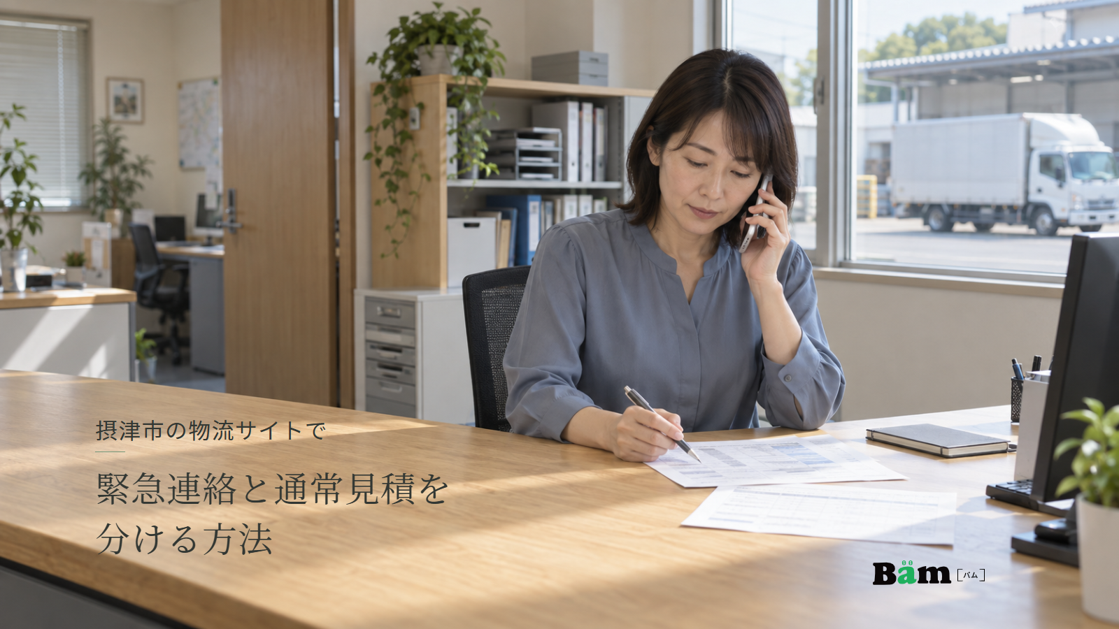 摂津市の物流サイトで緊急連絡と通常見積を分ける方法という全文タイトル、電話を受けながら配送資料を確認する担当者と窓の外の停車中のトラック、右下のBämロゴ